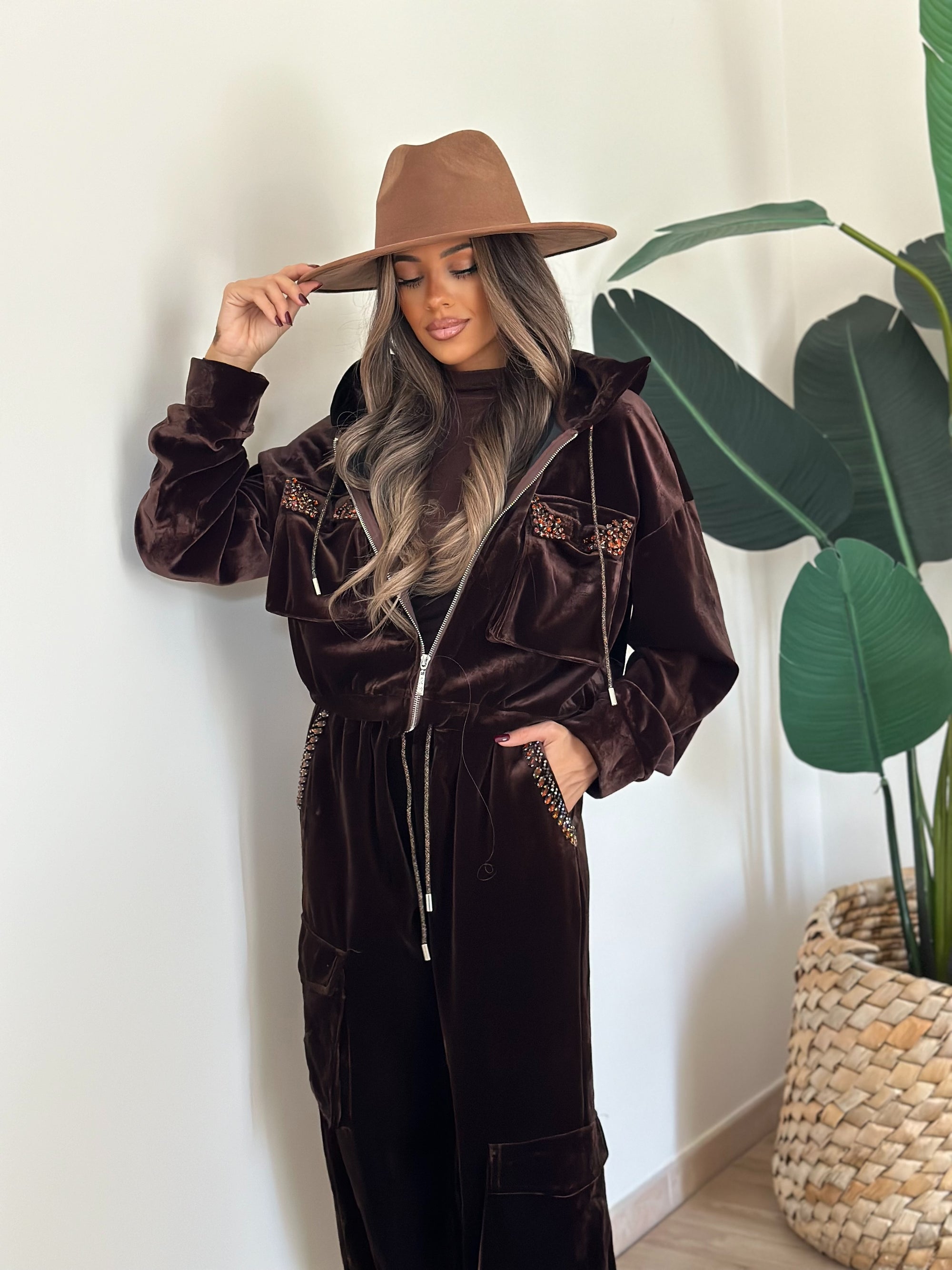 Tuta in velluto snow marrone